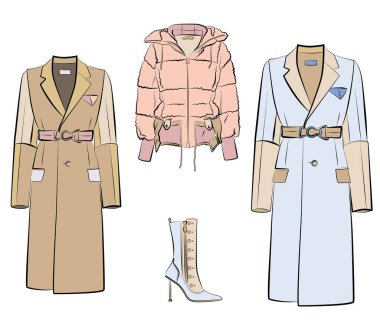 Pastel, pembe, mavi, bej, yeşil renkte kış kıyafetleri. Kürk manto, ceket. Beyaz arka planda izole edilmiş. Sonbahar ve bahar kadın giysileri