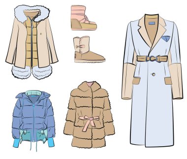 Pastel, pembe, mavi, bej, yeşil renkte kış kıyafetleri. Topuklar, ayakkabılar, kürk manto, ceket, botlar. Beyaz arka planda izole edilmiş. Sonbahar ve bahar