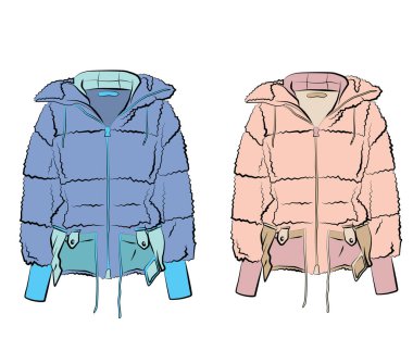 Pastel, pembe, mavi, bej, yeşil renkte kış kıyafetleri. Kürk manto, ceket. Beyaz arka planda izole edilmiş. Sonbahar ve bahar kadın giysileri