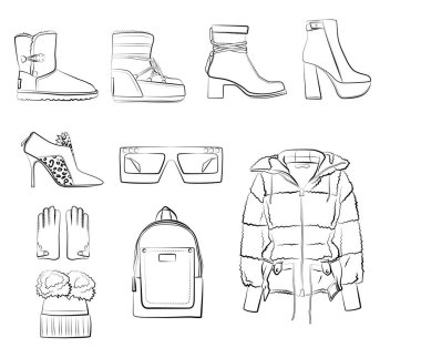 Kışlık giysiler ve aksesuarlar beyaz arka planda izole edilmiş. Siyah ve beyaz renkler. Şapka, fular, ayakkabılar, güneş gözlükleri, çantalar, debriyaj, kürk manto, ceket, botlar. Sonbahar ve bahar kadın kıyafetleri