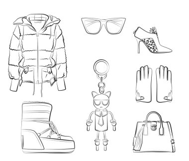 Kışlık giysiler ve aksesuarlar beyaz arka planda izole edilmiş. Siyah ve beyaz renkler. Şapka, fular, ayakkabılar, güneş gözlükleri, çantalar, debriyaj, kürk manto, ceket, botlar. Sonbahar ve bahar kadın kıyafetleri
