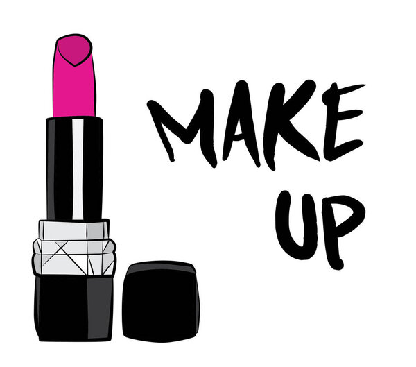 lipstick and lip gloss make up, Hand drawn cosmetics set. Make up, brush - Fashion illustration vector object isolated on white background