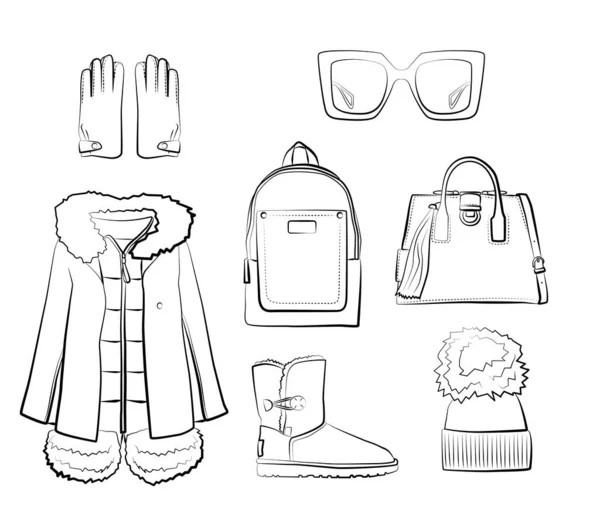 Set Winterkleding Accessoires Vector Geïsoleerd Witte Achtergrond Zwart Wit Kleuren — Stockvector