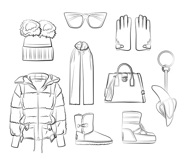 Set Winter Clothes Accessories Vector Isolated White Background Black White — Stock Vector