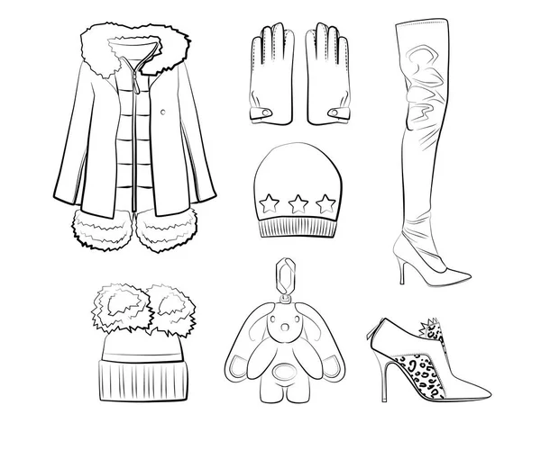 Set Winterkleding Accessoires Vector Geïsoleerd Witte Achtergrond Zwart Wit Kleuren — Stockvector