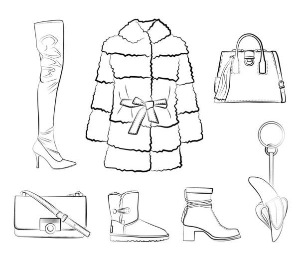 Set Winterkleding Accessoires Vector Geïsoleerd Witte Achtergrond Zwart Wit Kleuren — Stockvector