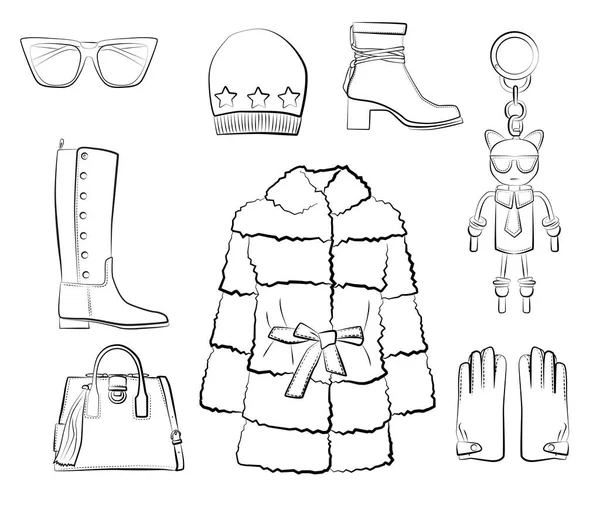 의류와 액세서리 세트는 배경에 흑백이다 스카프 선글라스 클러치 — 스톡 벡터