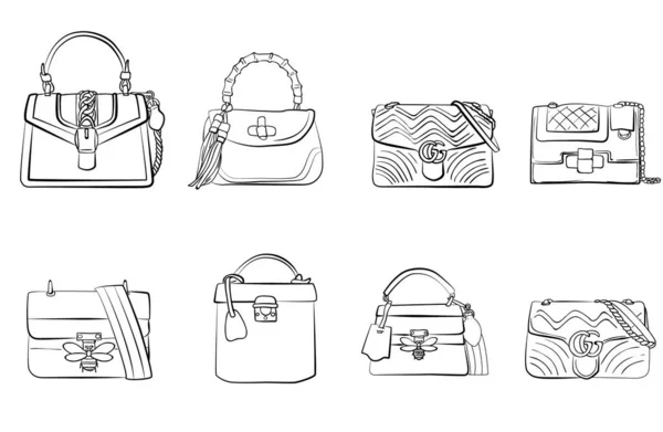 Bolsas Femeninas Moda Ilustración Bocetos Vectores Diferentes Tipos Bolsos Elegantes — Archivo Imágenes Vectoriales