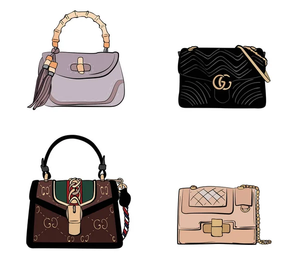 Bolsas Femeninas Moda Ilustración Bocetos Vectores Diferentes Tipos Bolsos Elegantes — Archivo Imágenes Vectoriales