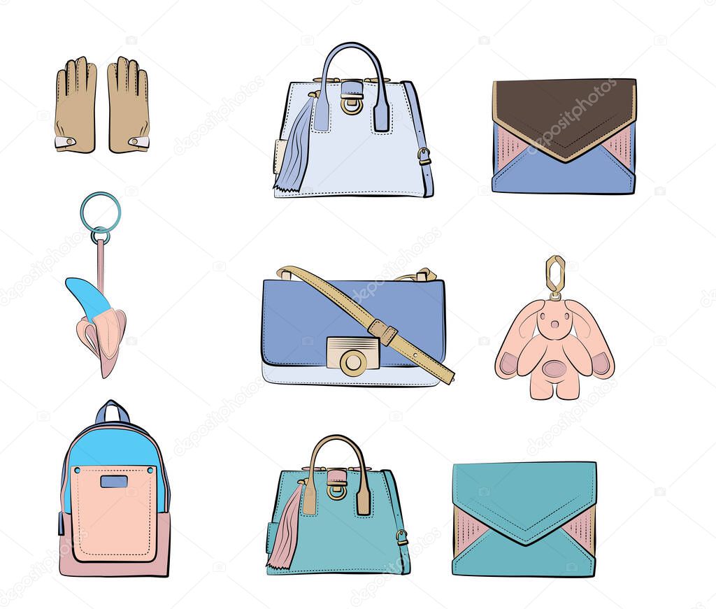 Set of fashionable women bags (coloring book). Vector sketch illustration isolated on a white background.