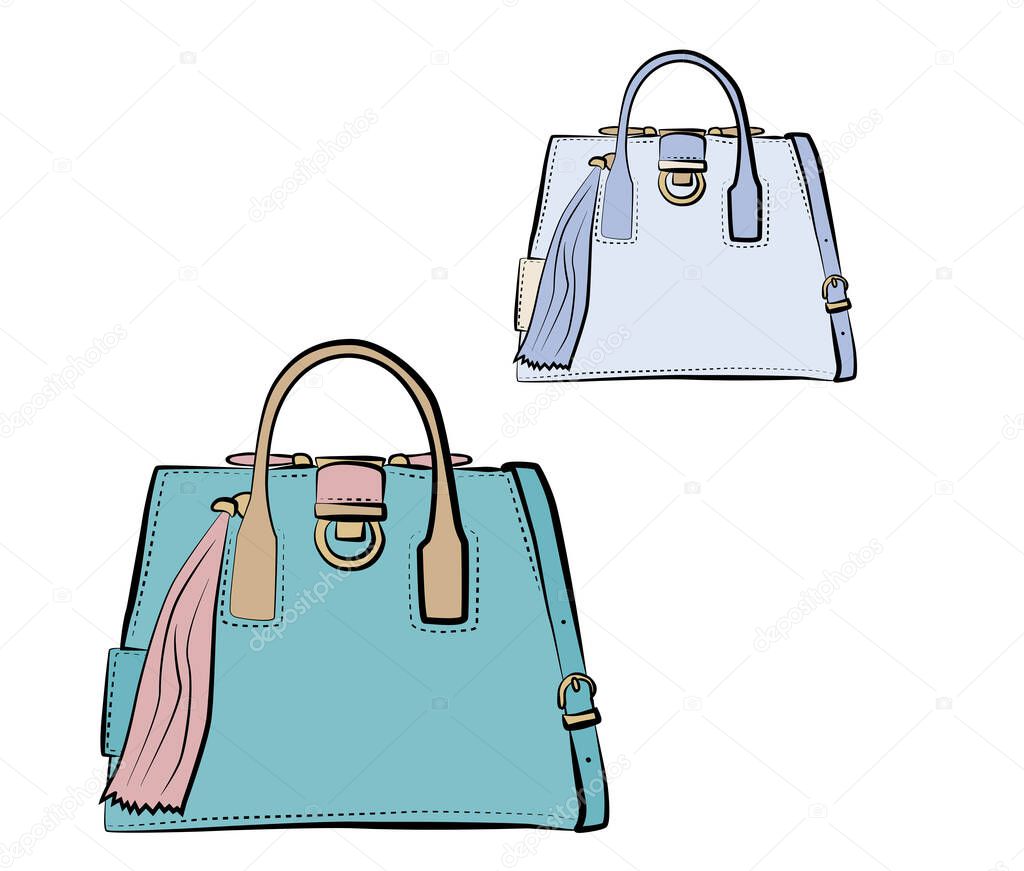 Set of fashionable women bags (coloring book). Vector sketch illustration isolated on a white background.