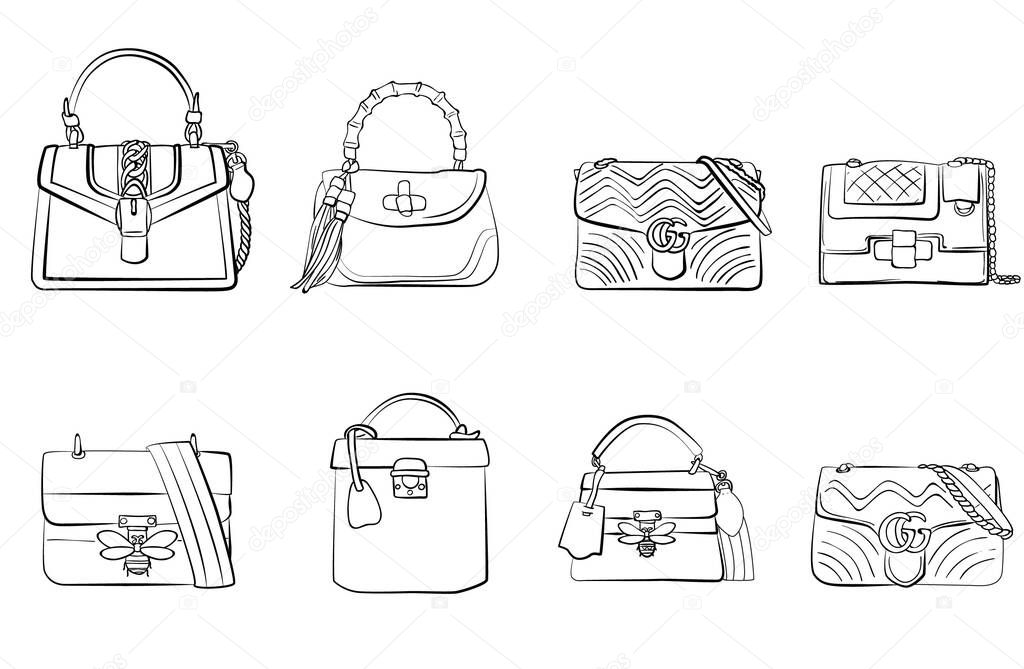 Fashionable female bags. Vector sketch illustration. Different types of stylish bags, satchel, saddle, hobo, doctor, clutch, duffel, tote, barrel bags