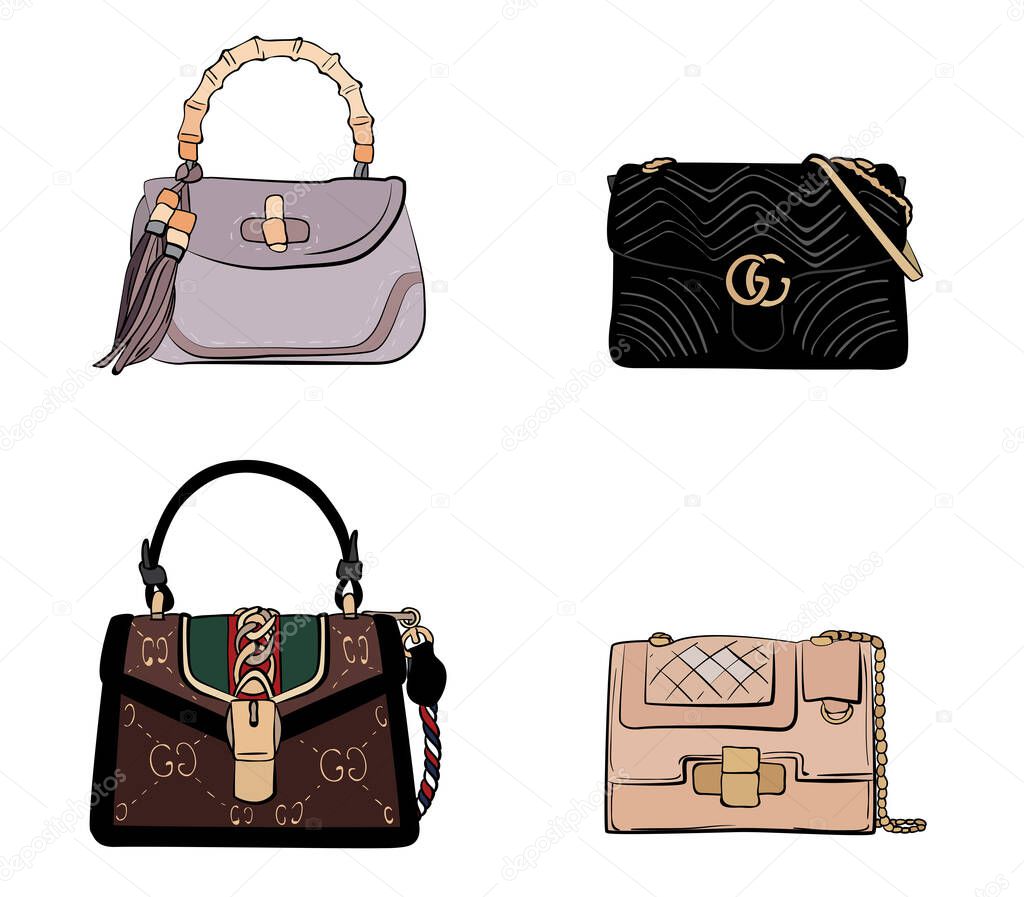 Fashionable female bags. Vector sketch illustration. Different types of stylish bags, satchel, saddle, hobo, doctor, clutch, duffel, tote, barrel bags