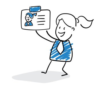 İşadamı - ofis çalışanı yöneticisi ziyaret kartı gösteriyor. Kız el çizimi karalama çizimi çizimi çizimi çizimi karakteri - beyaz arkaplan vektör illüstrasyon hatlarıyla izole edilmiş kadın çizimi.