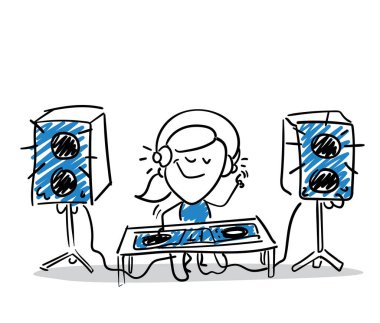 İş adamı - Ofis çalışanı yöneticisi ve dj uzaktan kumandalı, kız el çizimi karalama çizimi çizgi film karakteri - kadın izole vektör çizimi.