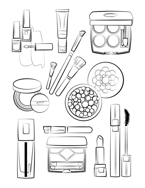 Ensemble Cosmétiques Dessinés Main Maquillage Mascara Rouge Lèvres Ombres Paupières — Image vectorielle