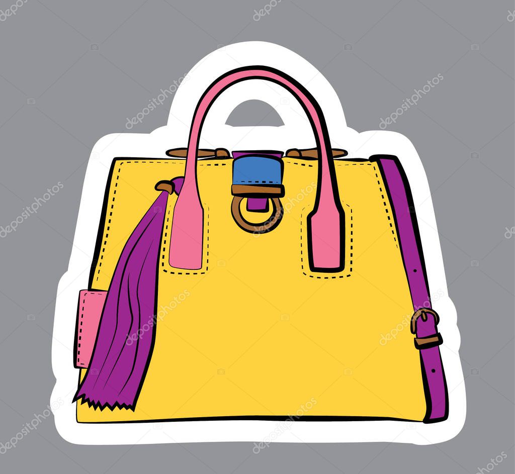 Fashionable female bags. Vector sketch illustration. Different types of stylish bags, satchel, saddle, hobo, doctor, clutch, duffel, tote, barrel bags