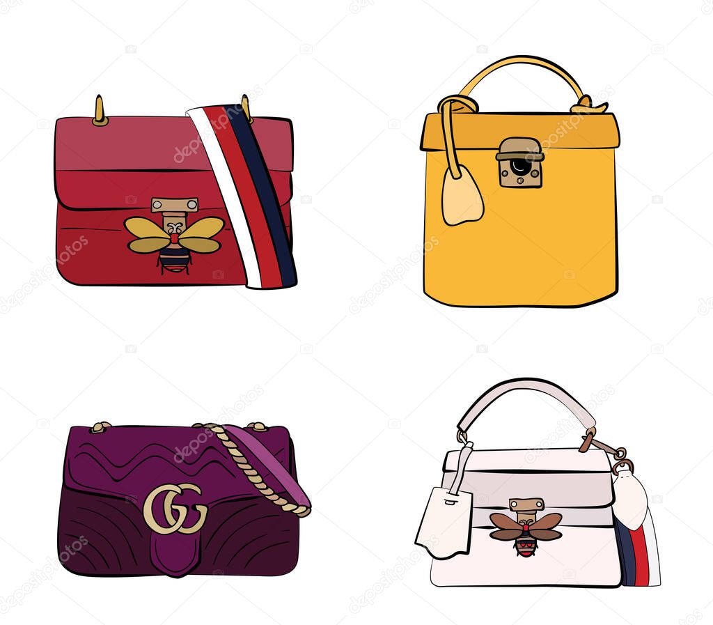 Fashionable female bags. Vector sketch illustration