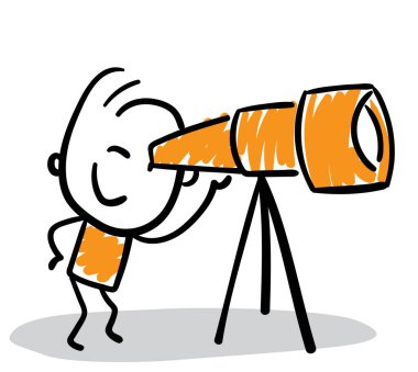 İşadamı - Teleskopu olan ofis çalışanı yöneticisi. Erkek el çizimi karalama çizimi çizgi film tasarım karakteri - izole vektör çizimi insan çizimi.