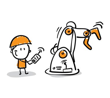 İşadamı, robot elli bir ofis çalışanı. Erkek el çizimi karalama çizimi çizgi film tasarım karakteri - izole vektör çizimi insan çizimi.