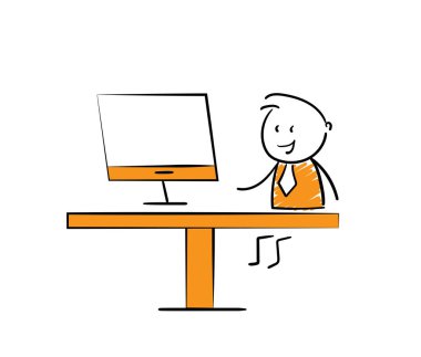 İşadamı - Ofis çalışanı yönetici masada oturuyor. Erkek el çizimi karalama çizimi çizgi film tasarım karakteri - izole vektör çizimi insan çizimi.