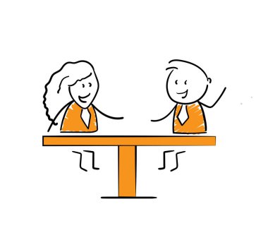 İş kadını ve işadamı - Ofis çalışanı yöneticileri masaya oturur, kız ve erkek el çizimi karikatür çizer çizgi film karakterleri - kadın ve erkeğin izole vektör çizimi.