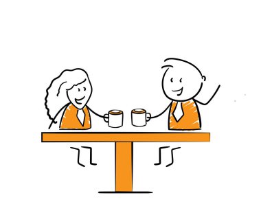 İş kadını ve işadamı - Ofis çalışanı yöneticileri masaya oturur, kız ve erkek el çizimi karikatür çizer çizgi film karakterleri - kadın ve erkeğin izole vektör çizimi.
