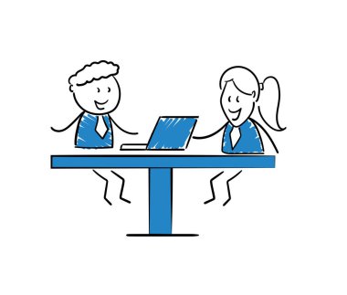 İş kadını ve işadamı - Ofis çalışanı yöneticileri masaya oturur, kız ve erkek el çizimi karikatür çizer çizgi film karakterleri - kadın ve erkeğin izole vektör çizimi.