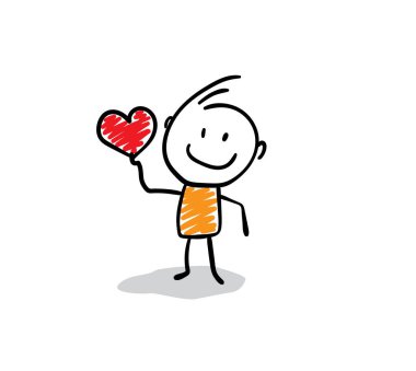 İş adamı, kalbi olan bir ofis çalışanı. Erkek el çizimi karalama çizimi çizgi film tasarım karakteri - izole vektör çizimi insan çizimi.