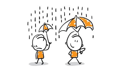 İş adamları, ofis çalışanları, yağmurlu yöneticiler. Erkekler el çizimi karalama çizgisi çizgi film tasarım karakterleri - erkeklerin izole vektör çizimi.