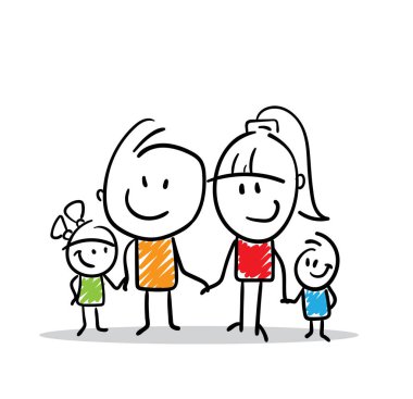 Çocuklu iş kadını ve işadamı - aile, el çizimi karalama çizgisi çizimi çizgi film karakterleri - beyaz arka plan vektör çizimine izole edilmiş kadın ve erkek, erkek ve kız.