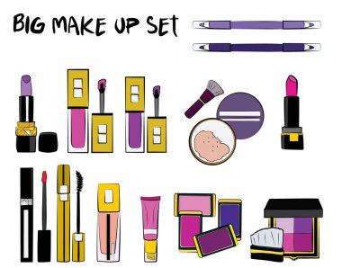 Vektör moda çizimi - el yapımı makyaj seti. Maskara, ruj, göz farı, fırça, pudra, dudak parlatıcısı, parfüm. Güzellik Makyajı Moda Kızlar Günü Doodle Simgeleri El Yapımı