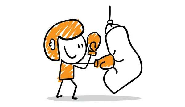 Geschäftsmann Büroangestellter Mit Boxsack Junge Handgezeichnete Doodle Linie Kunst Cartoon — Stockvektor