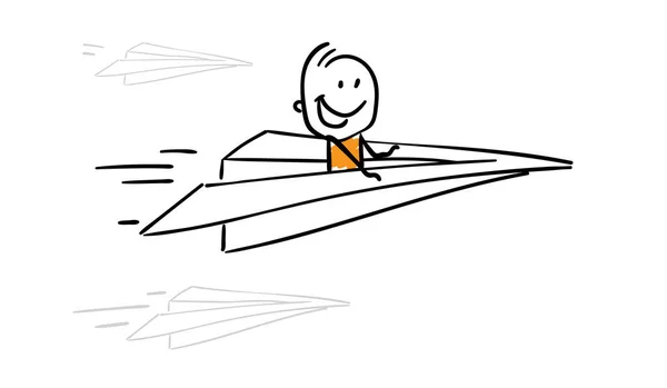 Geschäftsmann Büroangestellter Mit Papierflieger Junge Handgezeichnete Doodle Linie Kunst Cartoon — Stockvektor