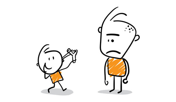 Бизнесмены - менеджеры офисных работников с рогаткой. Мальчики рисуют от руки дудл-арта рисунки персонажей мультфильмов - изолированные векторные иллюстрации очертания мужчин.