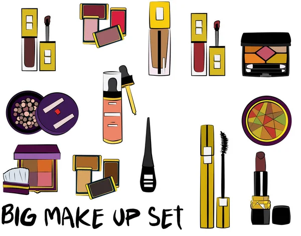 Vector Fashion Illustration Hand Drawn Make Set Set Mascara Lipstick — Stock Vector