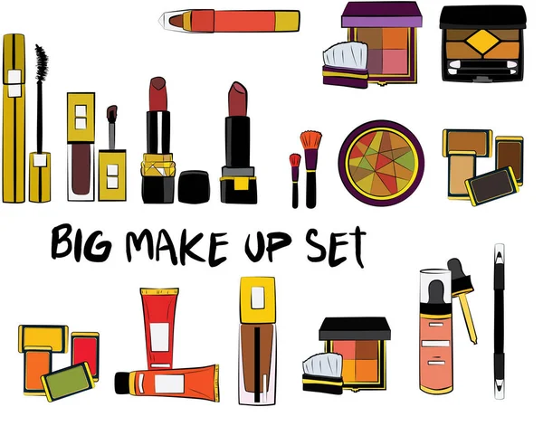 Vector Fashion Illustration Hand Drawn Make Set Set Mascara Lipstick — Stock Vector