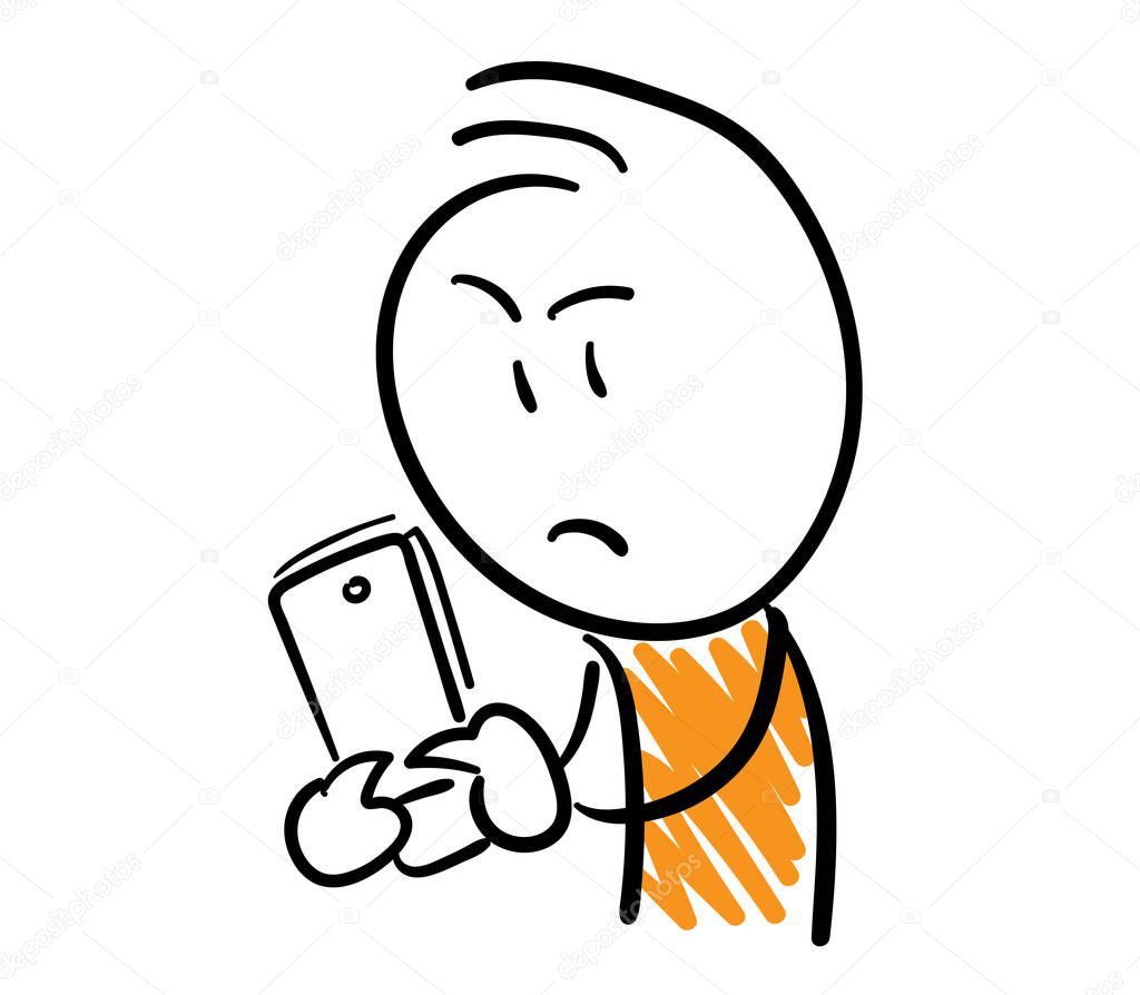 Businessman - Office worker manager with smartphone. Boy hand drawn doodle line art cartoon design character - isolated vector illustration outline of man.