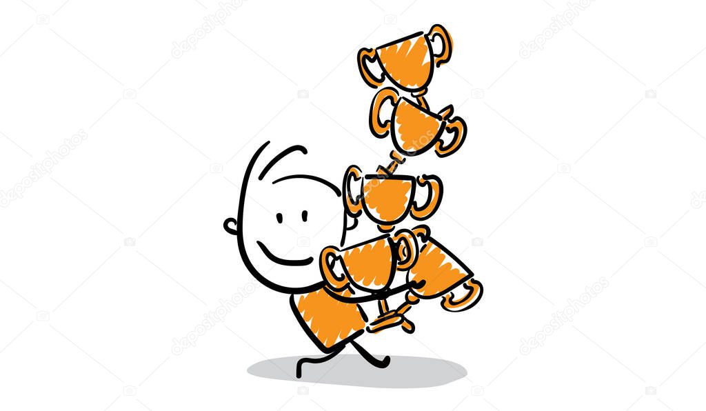 Businessman - Office worker manager with goblets. Boy hand drawn doodle line art cartoon design character - isolated vector illustration outline of man. 