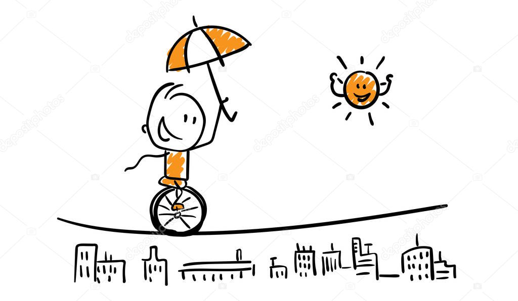 Businessman - Office worker manager with unicycle. Boy hand drawn doodle line art cartoon design character - isolated vector illustration outline of man. 