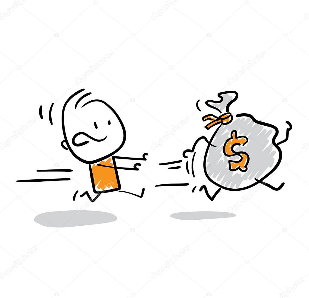 Businessman - Office worker manager with money bag. Boy hand drawn doodle line art cartoon design character - isolated vector illustration outline of man. 