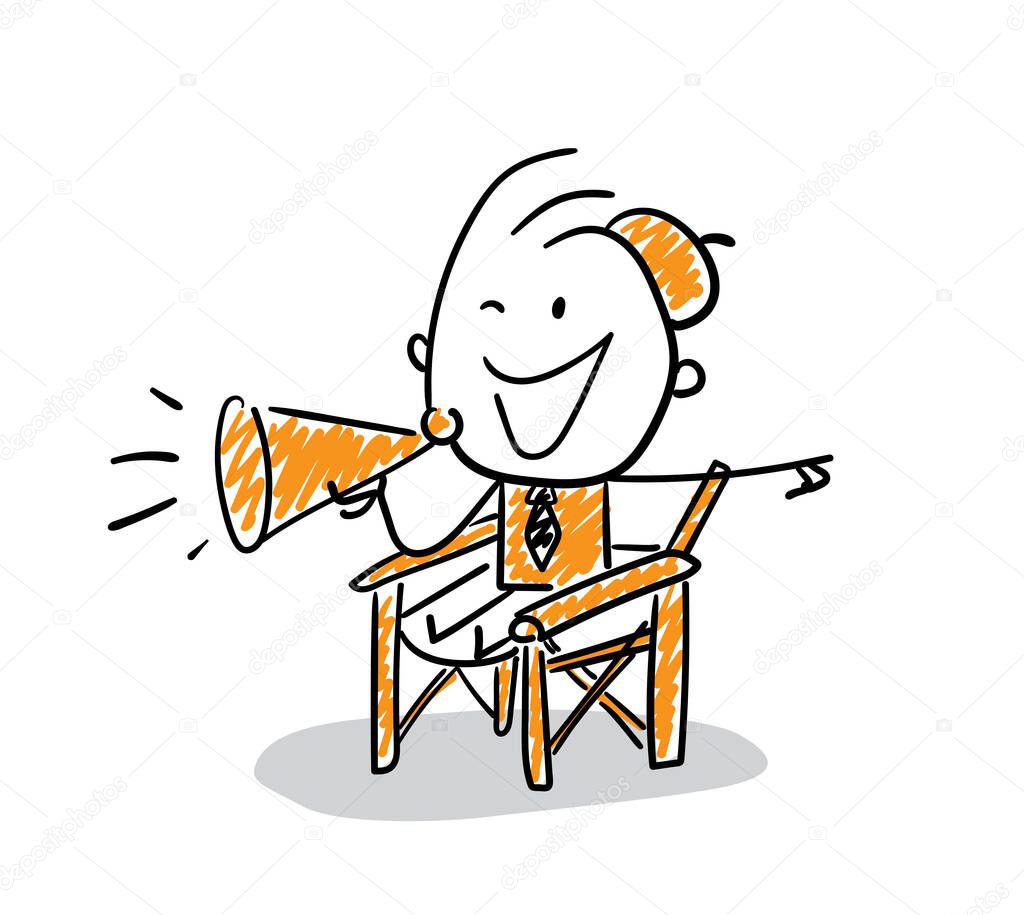 Businessman - Office worker manager with speaker. Boy hand drawn doodle line art cartoon design character - isolated vector illustration outline of man. 