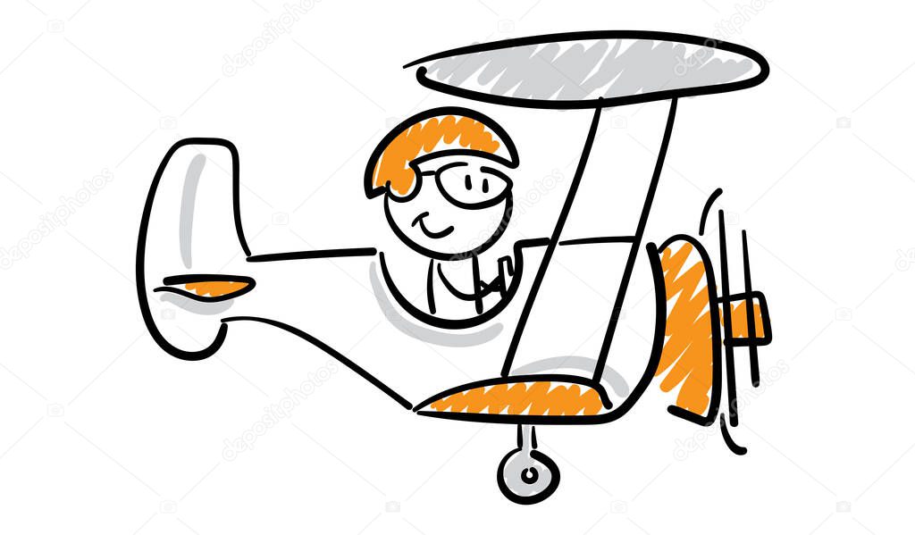 Businessman - Office worker manager with plane. Boy hand drawn doodle line art cartoon design character - isolated vector illustration outline of man.