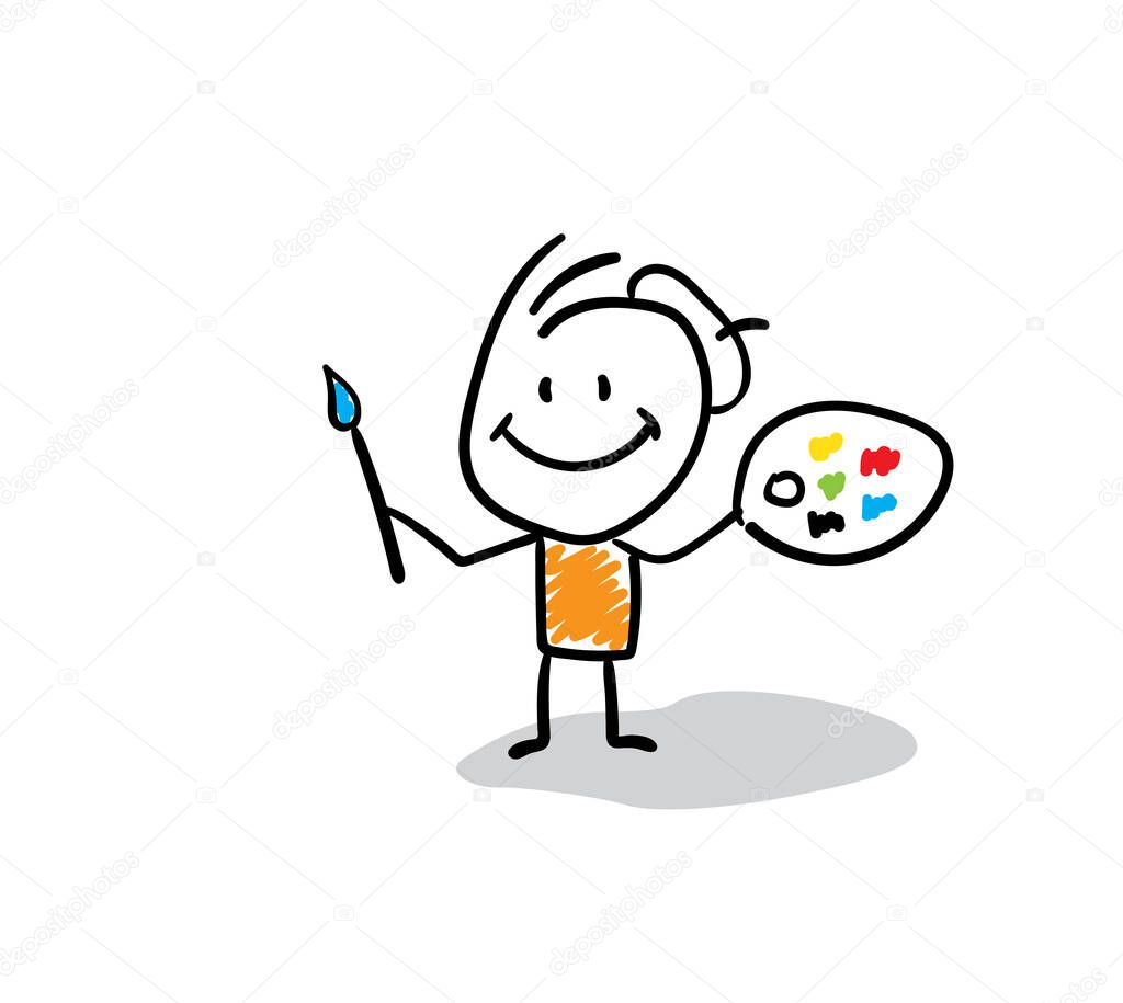 Businessman - Office worker manager with paints. Boy hand drawn doodle line art cartoon design character - isolated vector illustration outline of man.