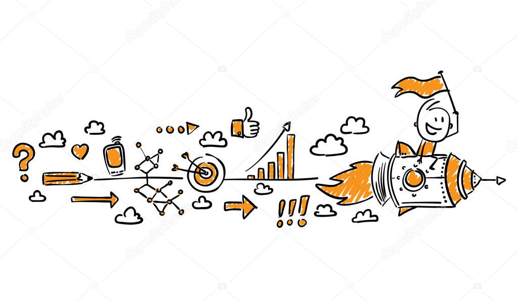 Businessman - Office worker manager with rocket. Boy hand drawn doodle line art cartoon design character - isolated vector illustration outline of man.