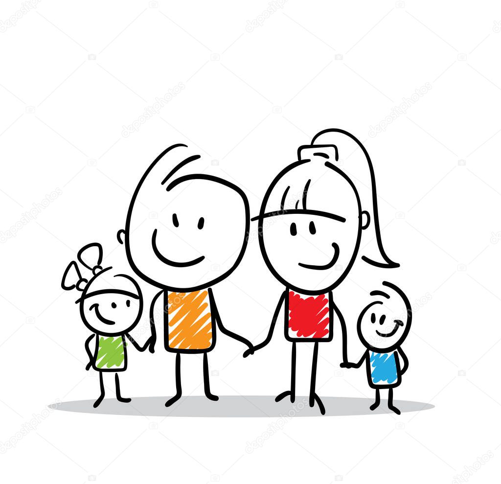 Businesswoman and businessman with children - family, hand drawn doodle line art cartoon design characters - isolated on white background vector illustration outline of woman and man, boy and girl.