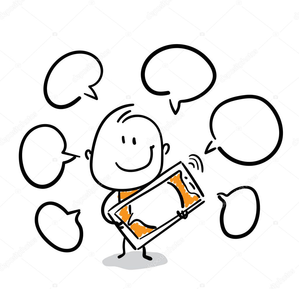 Businessman - Office worker manager with smartphone. Boy hand drawn doodle line art cartoon design character - isolated vector illustration outline of man.