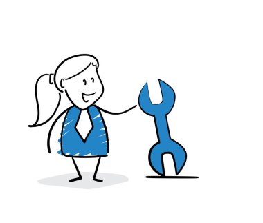 İş adamı - Ayarlanabilir ingiliz anahtarı olan ofis çalışanı yöneticisi, Kız el çizimi karikatür çizimi çizimi karakter - kadın izole vektör çizimi çizimi.