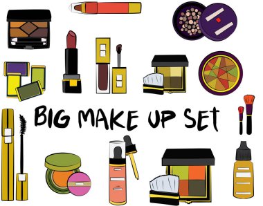 El yapımı kozmetik seti. Makyaj, rimel, ruj, göz farı, fırça, pudra, dudak parlatıcısı, parfüm moda illüstrasyon vektörü. Güzellik Makyajı Moda Kızlar Günü Doodle Simgeleri El Yapımı