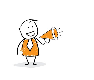 İşadamı - Ofis çalışanı ve hoparlör. Erkek el çizimi karalama çizimi çizgi film tasarım karakteri - izole vektör çizimi insan çizimi.